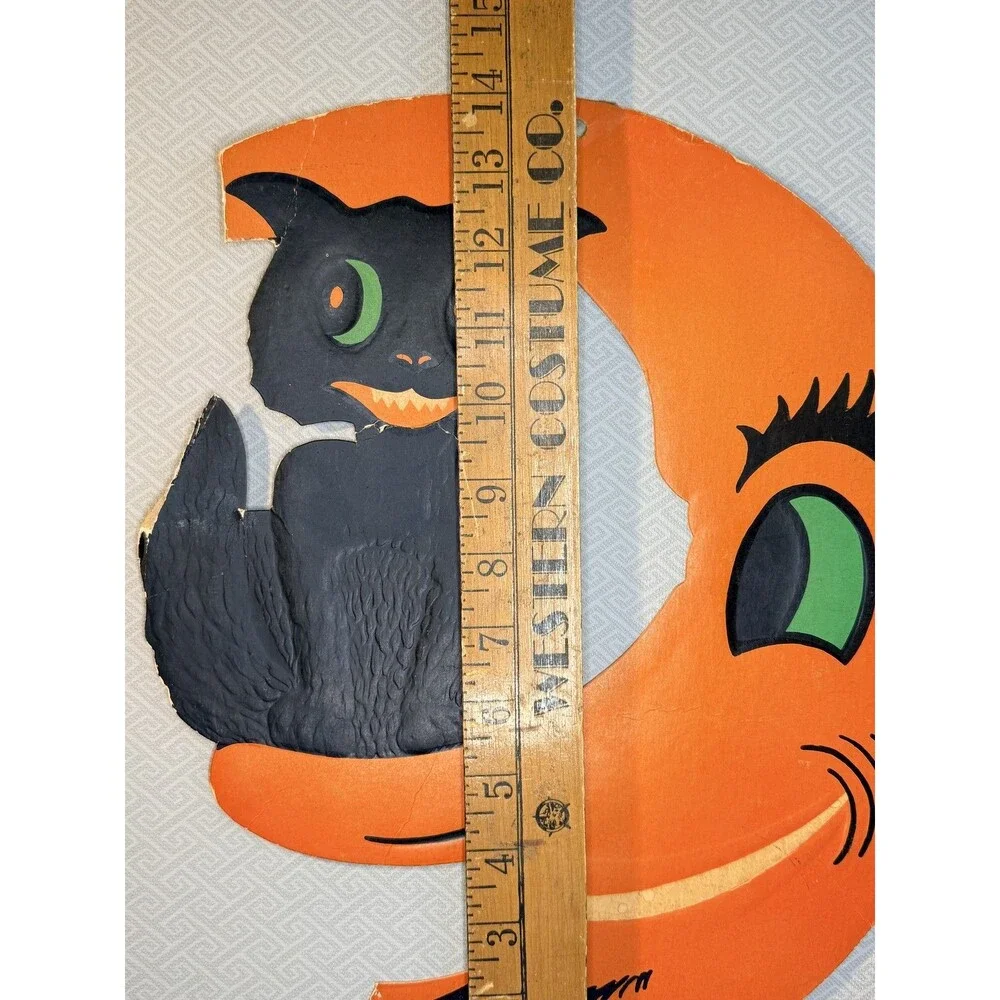 Vintage 1940s H.E. Luhrs Halloween Black Cat on Crescent Moon Wall Decor Die Cut